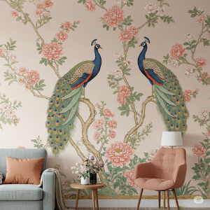 Chinoiserie Chic Wallpaper Mural. Peacocks perched on delicate branches with exotic flowers, rendered in a traditional Chinese art style.