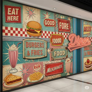 Classic diner patterns retro signage, and vintage food illustrations fast food restaurant wallpaper mural.