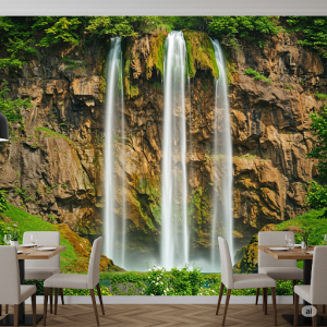 Cliff Face with Waterfalls Restaurant Wall Mural Painting. Cascading water down a rugged rock face.