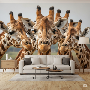 Close-up of Giraffe Faces Living Room Wallpaper Mural.