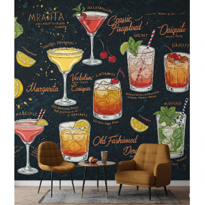 Cocktail bar wallpaper mural. Stylized, large-scale representations of classic cocktail recipes.