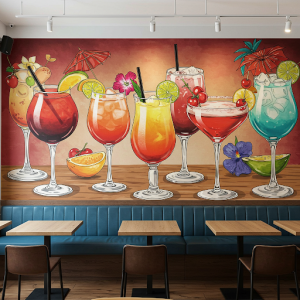 Cocktails with colourful garnishes restaurant mural.