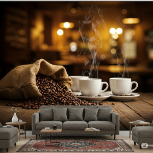 Coffee Beans and Cup Cafe Wallpaper Mural.