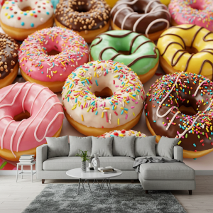 Colorful assortment of donuts with sprinkles and glaze, fast food wallpaper mural.