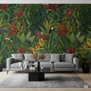 Colourful foliage and birds painting for an entry way mural