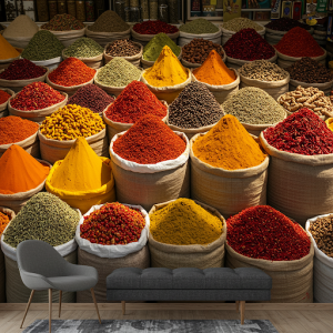 Colourful spice market display (turmeric, paprika mural.