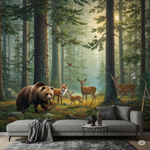Coniferous Forest Animals Painting Wallpaper Mural.