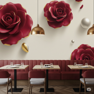 Contemporary, art-focused restaurant wallpaper mural. A modern take where parts of a flower are exaggerated and rendered in 3D, creating an abstract yet recognizable natural form.