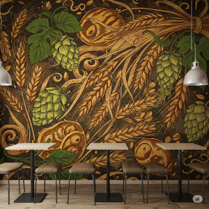 Craft beer bar wallpaper mural. Hops & Barley Illustrations. Stylized drawings of beer ingredients.
