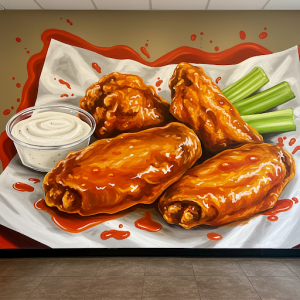 Crispy chicken wings coated in a spicy sauce, with ranch dressing and celery sticks. A fiery fast food restaurant mural captures the saucy goodness.