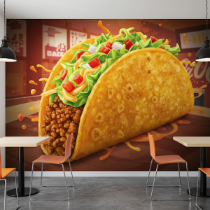 Crunchy taco with vibrant fillings spilling out fast food restaurant wallpaper mural