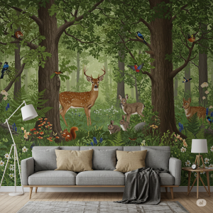 Deciduous Forest Animals Painting Indoor Mural.