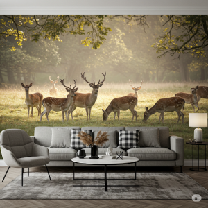 Deer grazing peacefully, living room wallpaper mural.