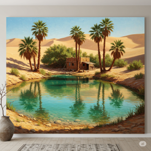 Desert Oasis Realistic Nature Wall Painting. Palm trees, water source, and refuge in the arid land.