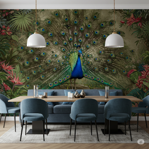 Dining room feature wall peacock wallpaper mural.