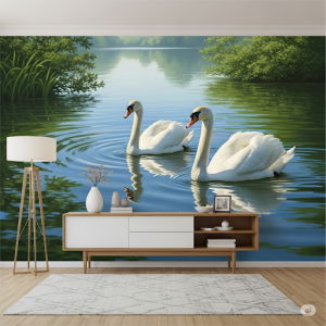 Elegant swans glide on a serene lake, an animal wallpaper mural.