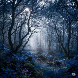 Enchanted forest mural, a dreamy woodland scene with dark blue nature deco. 