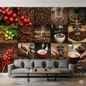 Evolution of coffee beans from seeds to poured beverage, Cafe Wallpaper Mural.