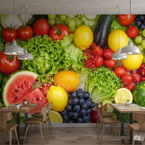 Exploding Fruit & Vegetable Collage Restaurant Wallpaper. A wall bursting with hyper-realistic, three-dimensional depictions of colorful fruits and crisp vegetables. 