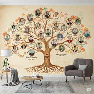Family tree with artistic flair indoor wall mural. Visual Representation of Ancestry mapping out your lineage, connecting generations in an artistic and engaging way.