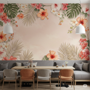 Tropical leaves and delicate flowers create a fresh and calming atmosphere.