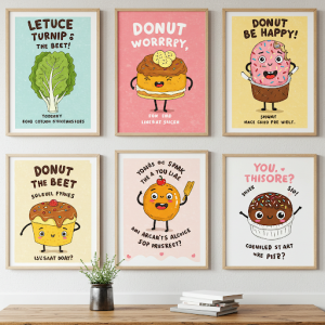Food puns and funny illustrations wall art.