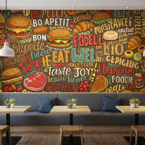 Food typography (words related to eating) wall mural.