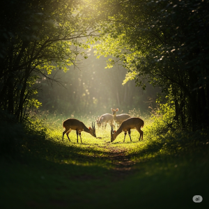 Forest Antelope Glade Bedroom Wall Painting. A peaceful depiction of shy forest antelopes, like bushbucks or dik-diks, grazing in a sun-dappled clearing within the woods.