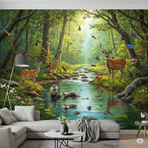 Forest Stream Ecosystem Wallpaper Mural. Animals clustered around a winding forest stream, showcasing the interconnectedness of the environment.