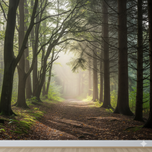 Forest Wallpaper Mural: Immersive wall covering that transports you to a serene, misty woodland path.