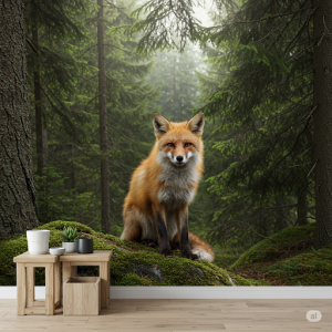 Fox in the Firs Wallpaper Mural. A sly fox amidst evergreen trees.