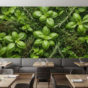 Fresh herbs (basil, rosemary, thyme) laid out artistically in a restaurant mural.