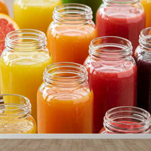 Freshly squeezed juices in glass jars, food wallpaper mural.