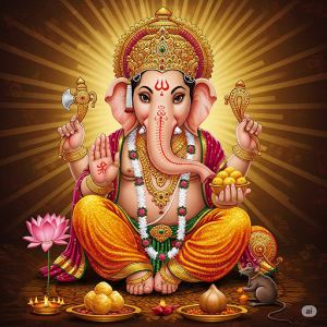 Ganesha, the Remover of Obstacles Wallpaper Mural. A vibrant depiction of Ganesha with his elephant head, surrounded by auspicious symbols like the modak (sweet), lotus, and his vahana (mount), the mouse.