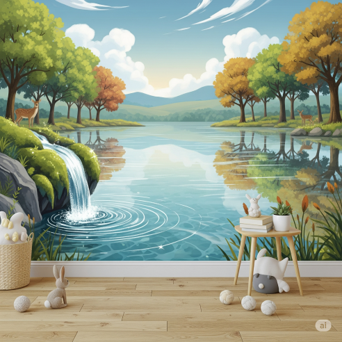 Gender Neutral Children's Room Enchanted Lake with a Hidden Waterfall Wallpaper Mural Gender Neutral Children's Room Enchanted Lake with a Hidden Waterfall Wallpaper Mural