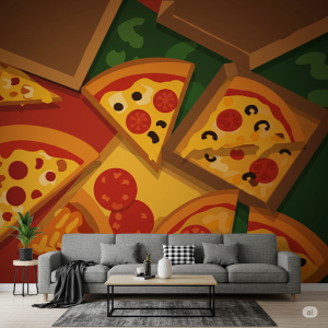 Geometric Pizza Puzzle Wallpaper Mural. Abstract geometric shapes inspired by pizza slices and boxes in a bold and colorful arrangement.