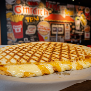 Giant, cheesy quesadilla with visible grill marks.