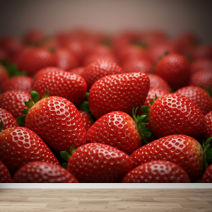 Giant close-up of juicy red strawberries, food wallpaper mural.