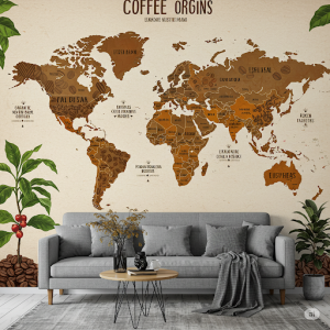Global Coffee Origins Wallpaper Mural: A stylized world map highlighting different coffee-growing regions.