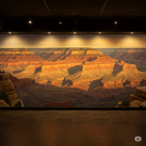 Grand Canyon Vista Bar Interior Wall Painting. Layered rock formations, immense scale, dramatic shadows, and light.