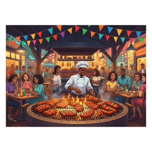 Grilling Meats Scene Restaurant Wallpaper Mural.