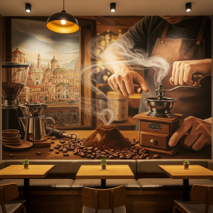 Grinding coffee beans with visible aroma restaurant mural