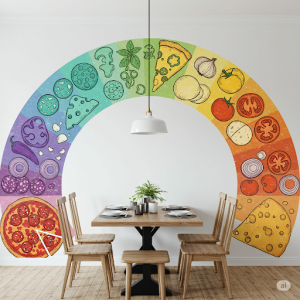 Hand-drawn pizza baking ingredients in vibrant, unexpected colours arranged in a rainbow arc.