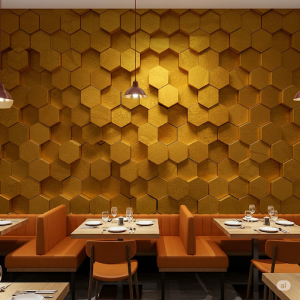 Hexagonal Honeycomb 3d Wallpaper Mural on a Restaurant Wall.
