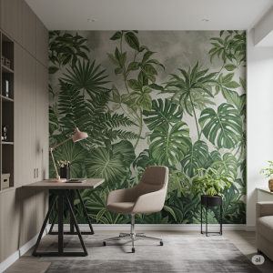 Home office botanical wall mural.