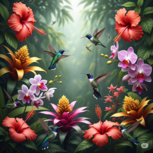 Hummingbird Haven with Exotic Blooms, Tropical Forest Wallpaper