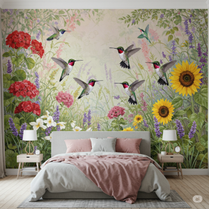 Hummingbirds in a Garden, Bedroom nature mural art.