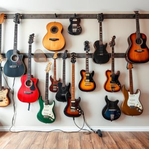 A wallpaper mural covered with various types of guitars—acoustic, electric, and bass—hanging on a studio wall.