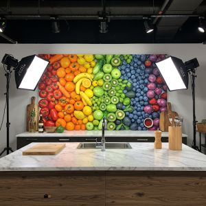 In a food blogger's studio, a stylish food-themed backdrop