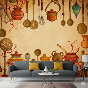 Indian Culinary Tools and Utensils (Stylized) Wall Art. 